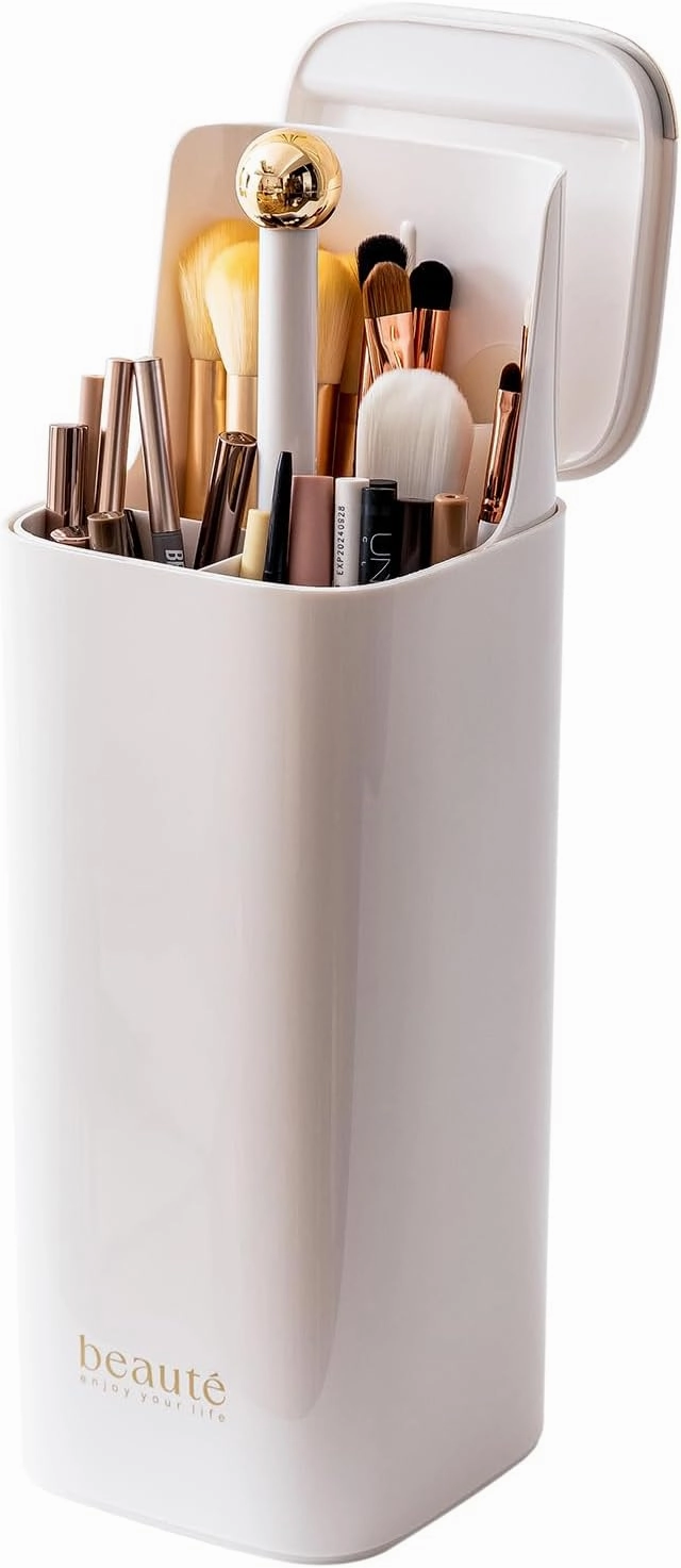 Makeup Brush Holder with Lid Cosmetic Tools Organizer（White