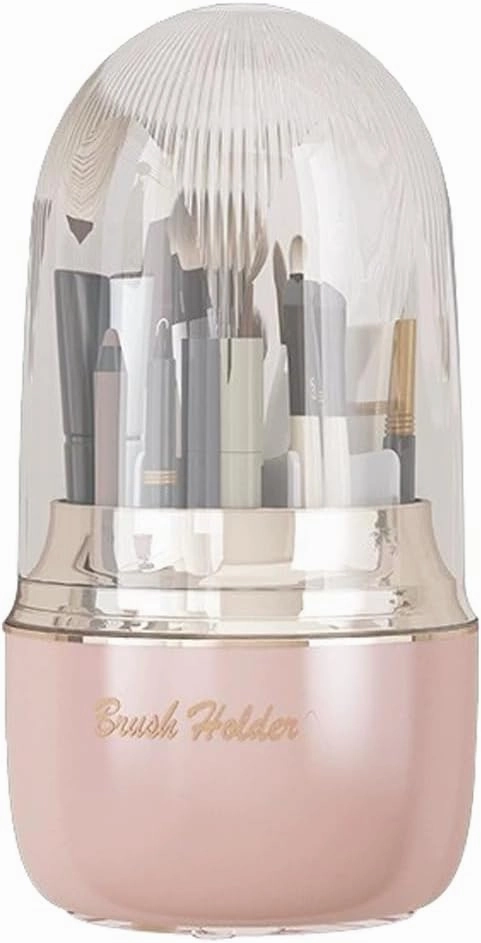 Makeup Brush Organizer With Lid, 360° Spinning Cosmetic Brush Holder for Bathroom Countertop, Compact Cosmetic Display Case for Vanity, Bedroom and Dresser (Pink)