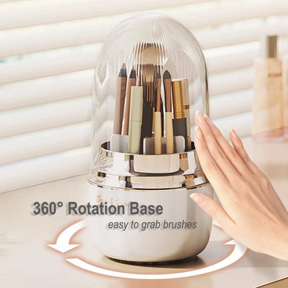 Makeup Brush Organizer With Lid, 360° Spinning Cosmetic Brush Holder for Bathroom Countertop, Compact Cosmetic Display Case for Vanity, Bedroom and Dresser (Pink)