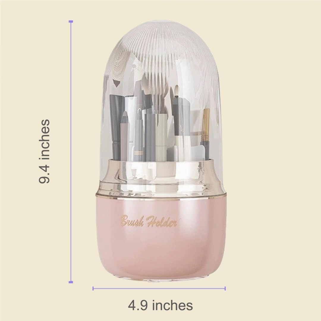 Makeup Brush Organizer With Lid, 360° Spinning Cosmetic Brush Holder for Bathroom Countertop, Compact Cosmetic Display Case for Vanity, Bedroom and Dresser (Pink)