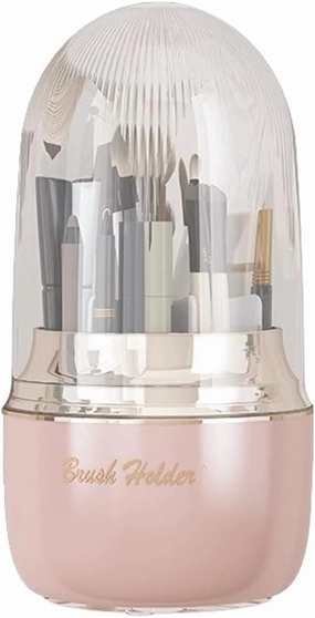 Makeup Brush Organizer With Lid, 360° Spinning Cosmetic Brush Holder for Bathroom Countertop, Compact Cosmetic Display Case for Vanity, Bedroom and Dresser (Pink)