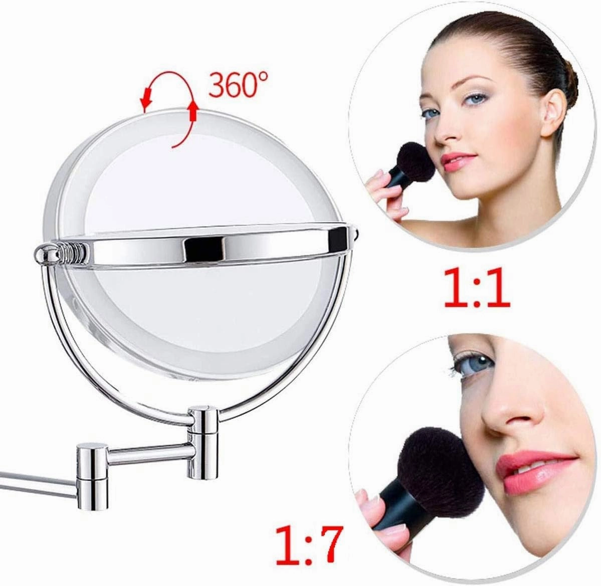 Makeup Mirror Wall Mounted with 7X Magnification Round Makeup Mirror 360 Rotation Double-Sided Mirror USB Rechargeable (Color : Nickelwiredrawing)