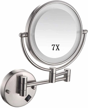 Makeup Mirror Wall Mounted with 7X Magnification Round Makeup Mirror 360 Rotation Double-Sided Mirror USB Rechargeable (Color : Nickelwiredrawing)
