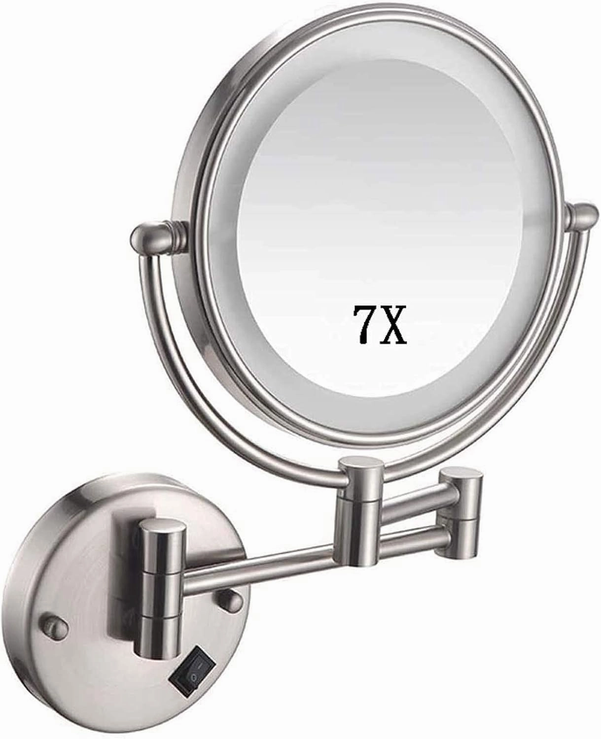 Makeup Mirror Wall Mounted with 7X Magnification Round Makeup Mirror 360 Rotation Double-Sided Mirror USB Rechargeable (Color : Nickelwiredrawing)
