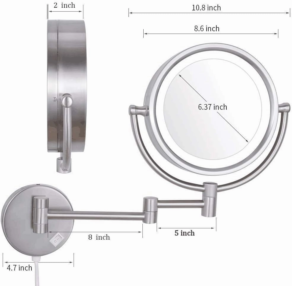 Makeup Mirror Wall Mounted with 7X Magnification Round Makeup Mirror 360 Rotation Double-Sided Mirror USB Rechargeable (Color : Nickelwiredrawing)