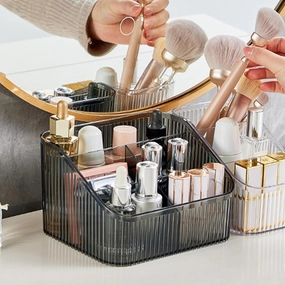 Makeup Organizer Cosmetics Storage Box, Large Capacity Make Up Brush Holder Organizer Vanity Accessories, Bathroom Countertops, Desk Storage Container, Cosmetic Display cases(Gray-L)