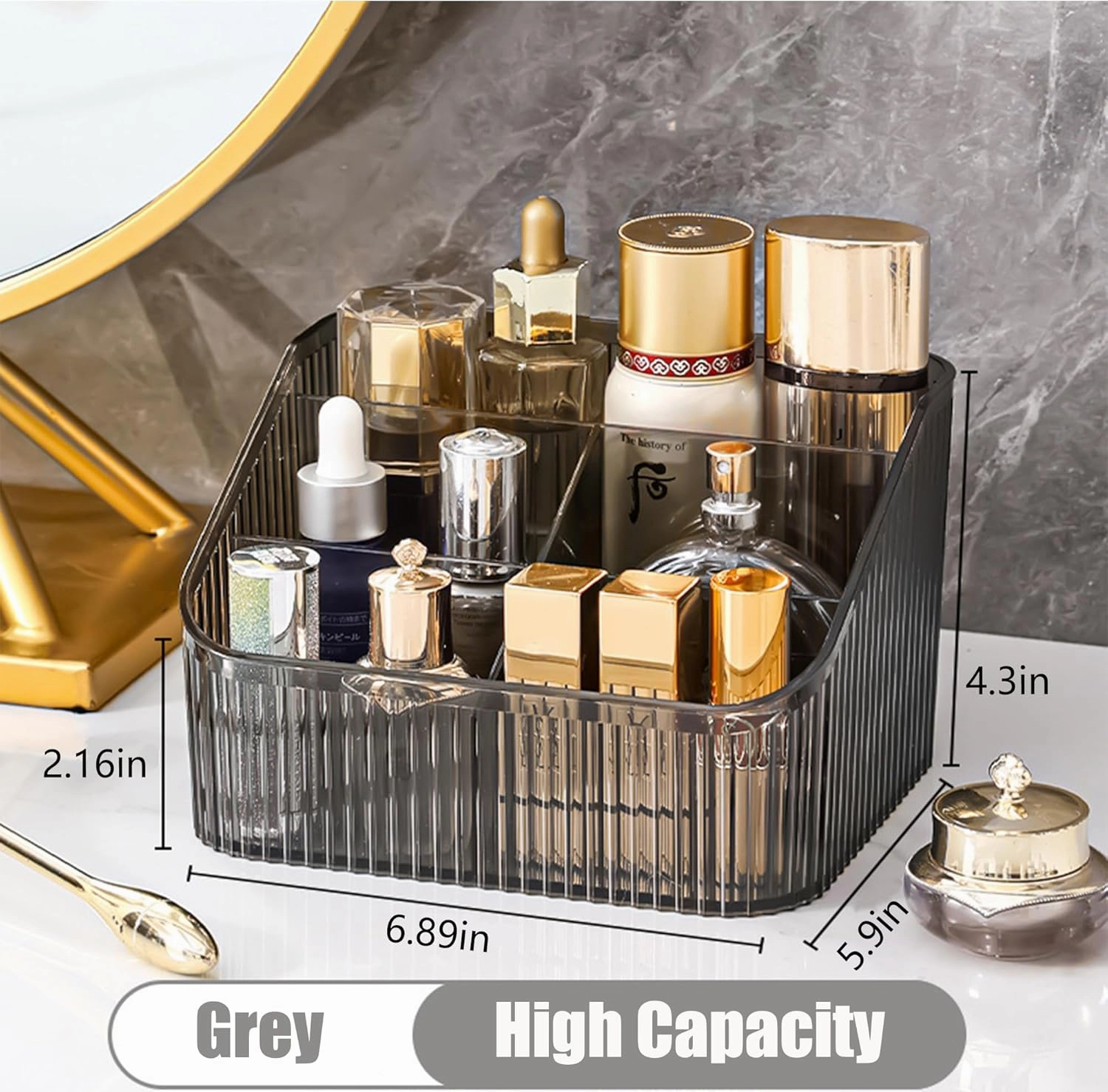 Makeup Organizer Cosmetics Storage Box, Large Capacity Make Up Brush Holder Organizer Vanity Accessories, Bathroom Countertops, Desk Storage Container, Cosmetic Display cases(Gray-L)