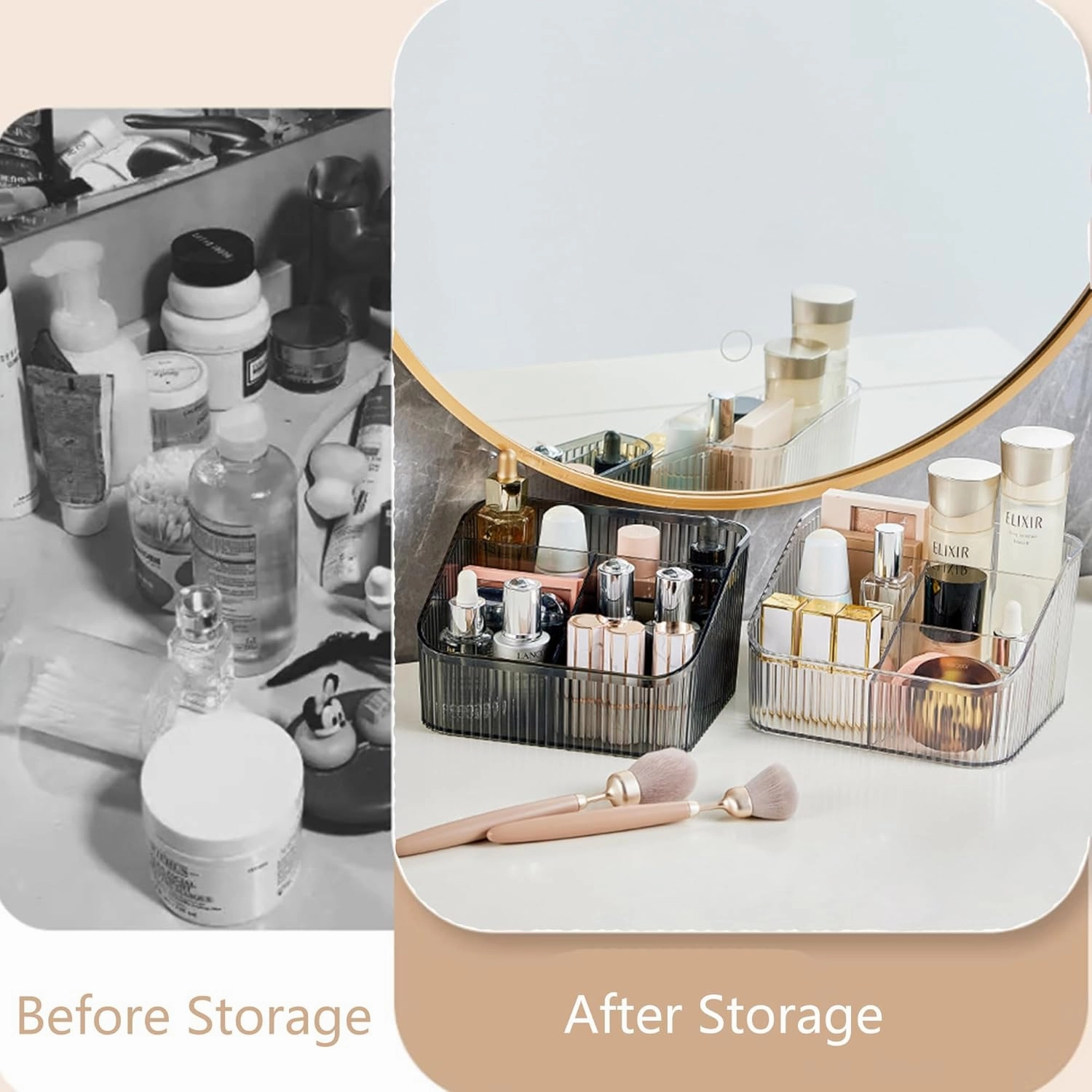 Makeup Organizer Cosmetics Storage Box, Large Capacity Make Up Brush Holder Organizer Vanity Accessories, Bathroom Countertops, Desk Storage Container, Cosmetic Display cases(White-L)