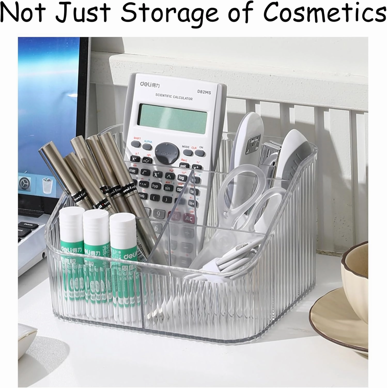 Makeup Organizer Cosmetics Storage Box, Large Capacity Make Up Brush Holder Organizer Vanity Accessories, Bathroom Countertops, Desk Storage Container, Cosmetic Display cases(White-L)