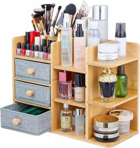 Makeup Organizer Countertop With Brush Holder For Vanity, Large Bamboo Bathroom Counter Organizers And Storage,Cosmetic Skincare Perfume Organizer With 3 Makeup Brush Holder/3 Drawer/7 Storage Shelves