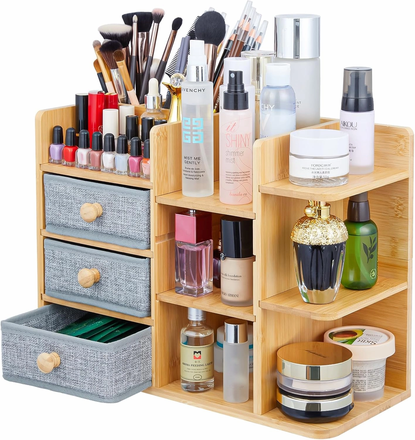Makeup Organizer Countertop With Brush Holder For Vanity, Large Bamboo Bathroom Counter Organizers And Storage,Cosmetic Skincare Perfume Organizer With 3 Makeup Brush Holder/3 Drawer/7 Storage Shelves