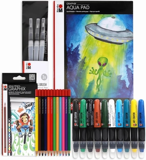 Marabu Mixed Media Drawing Set - 20 Sheets Watercolor Paper, 12 Watercolor Pencils with 10 Watercolor Crayons and Water-Fillable Brush Set - The Ultimate Landscape Adventure