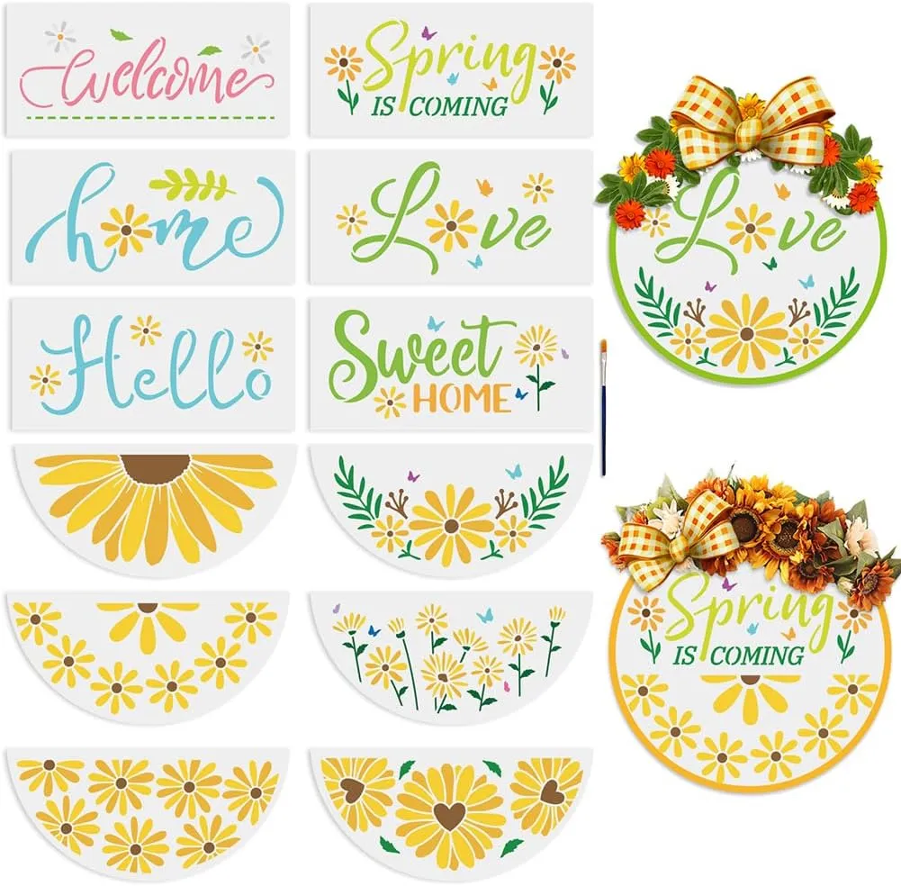 MAYJOYDIY 12pcs Daisy Flower Welcome Stencil for Painting on Wood Floral Plant Half Round Stencils 12inch Free Combination Spring Summer Nature Stencils with Brush for Porch Door Wood Sign