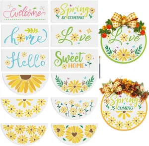 MAYJOYDIY 12pcs Daisy Flower Welcome Stencil for Painting on Wood Floral Plant Half Round Stencils 12inch Free Combination Spring Summer Nature Stencils with Brush for Porch Door Wood Sign