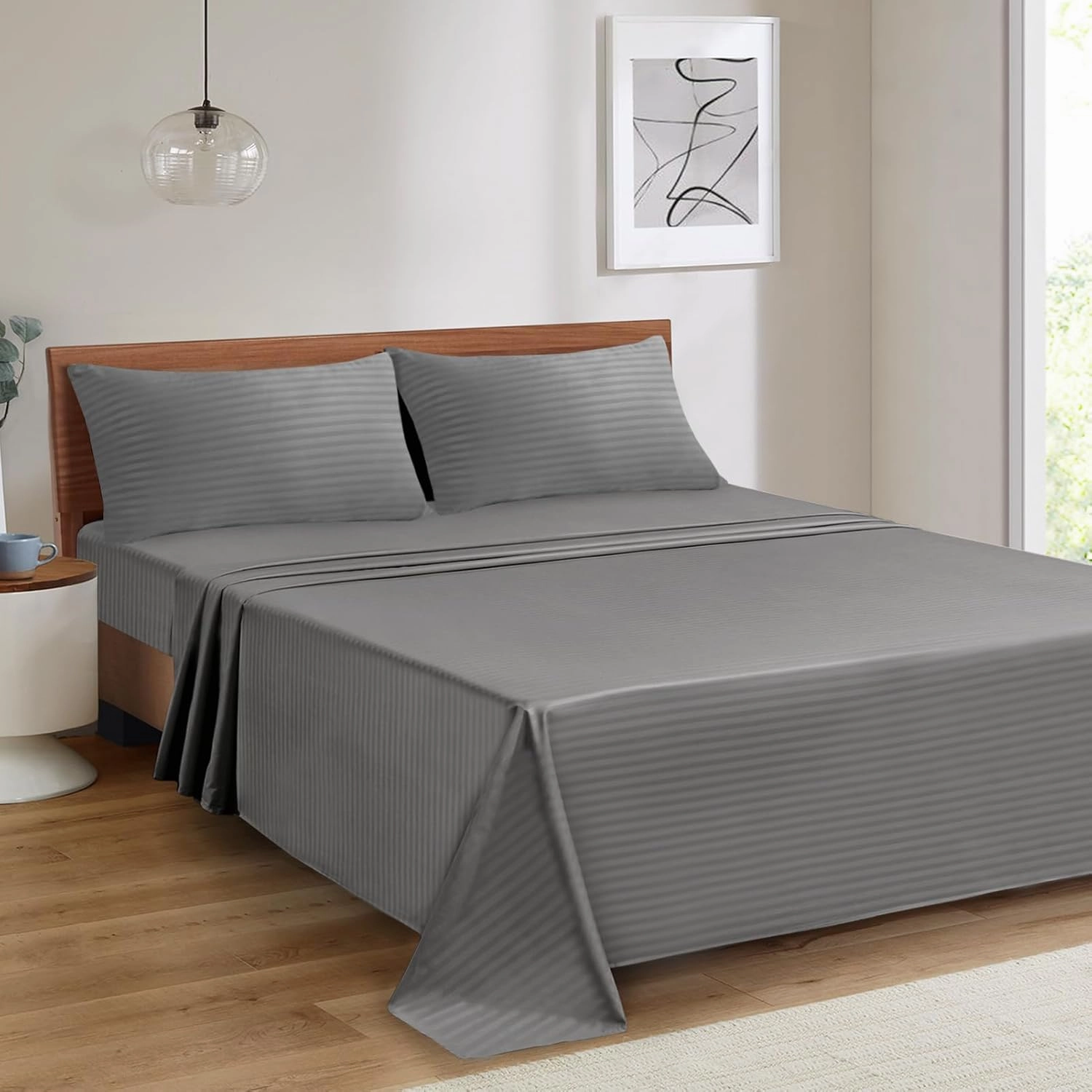 Mejoroom Striped Full Size Sheets – Extra Soft Full Size Bed Sheets - 16inches deep Pocket Full Sheet Set, Breathable, Wrinkle, Fade and Stain Resistant – 4 Piece(Gray Stripe)