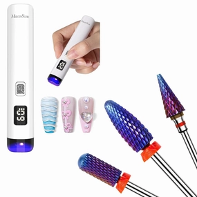MelodySusie Handheld UV Light for Gel Nails with 3Pcs Nail Drill Bits Set, Long Flame, Smooth Round Top Small Barrel and Tapered Nib Bits