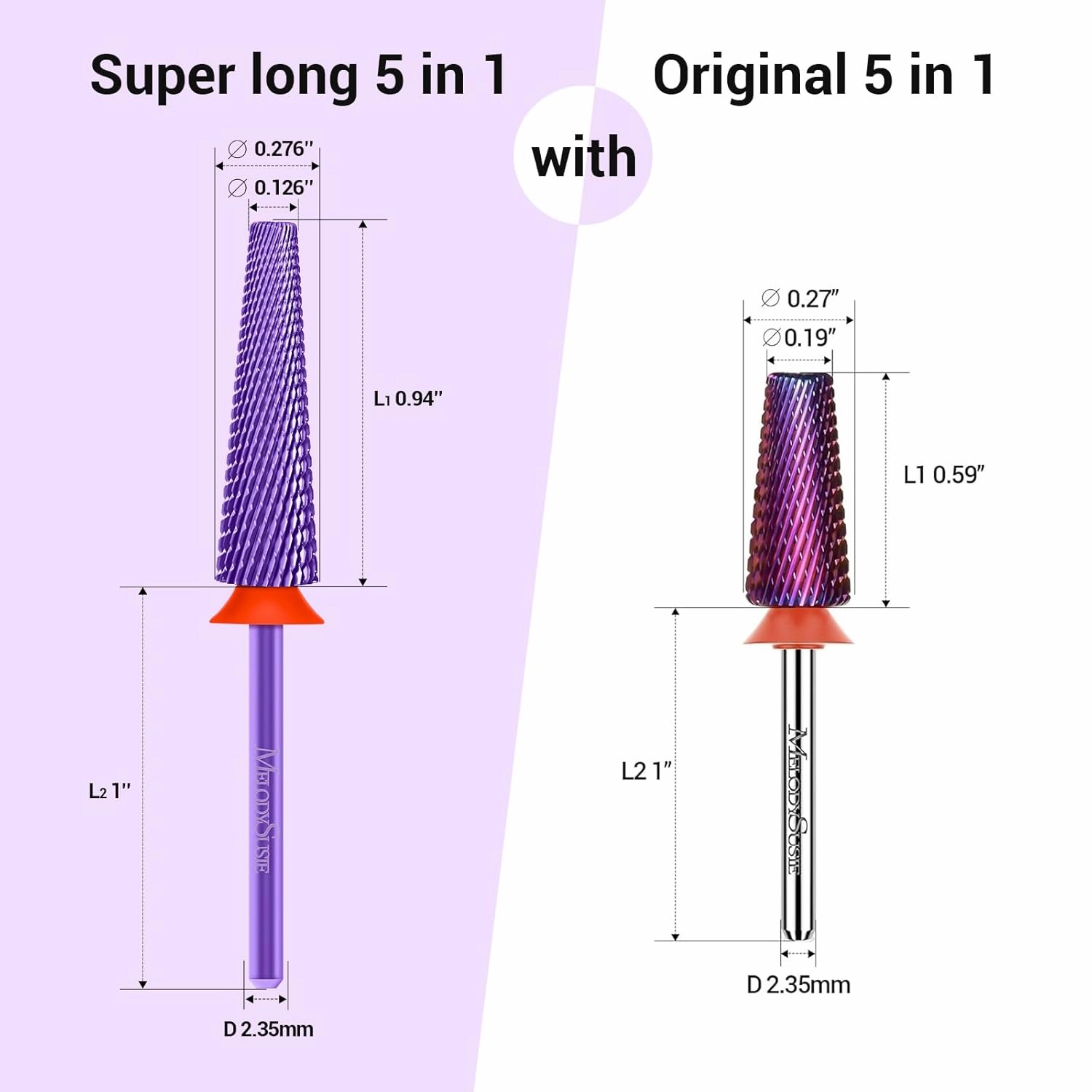 MelodySusie Super Long 5 in 1 Nail Drill Bits, 3/32'' Carbide Tungsten Bits, Suitable for Manicure Pedicure Cuticle Gel Polishing, Professional Advanced Bits, Purple, Series Bit-X, Fine