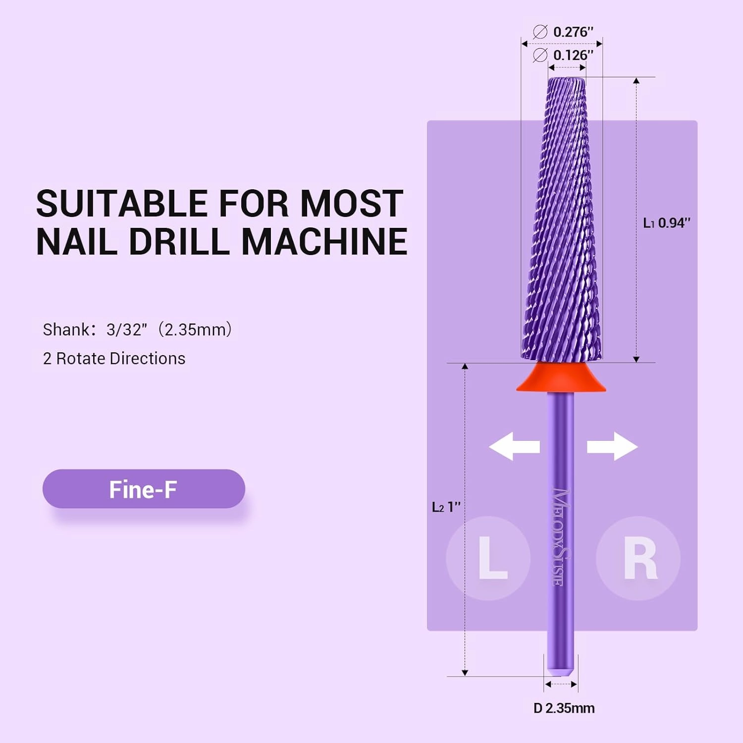 MelodySusie Super Long 5 in 1 Nail Drill Bits, 3/32'' Carbide Tungsten Bits, Suitable for Manicure Pedicure Cuticle Gel Polishing, Professional Advanced Bits, Purple, Series Bit-X, Fine