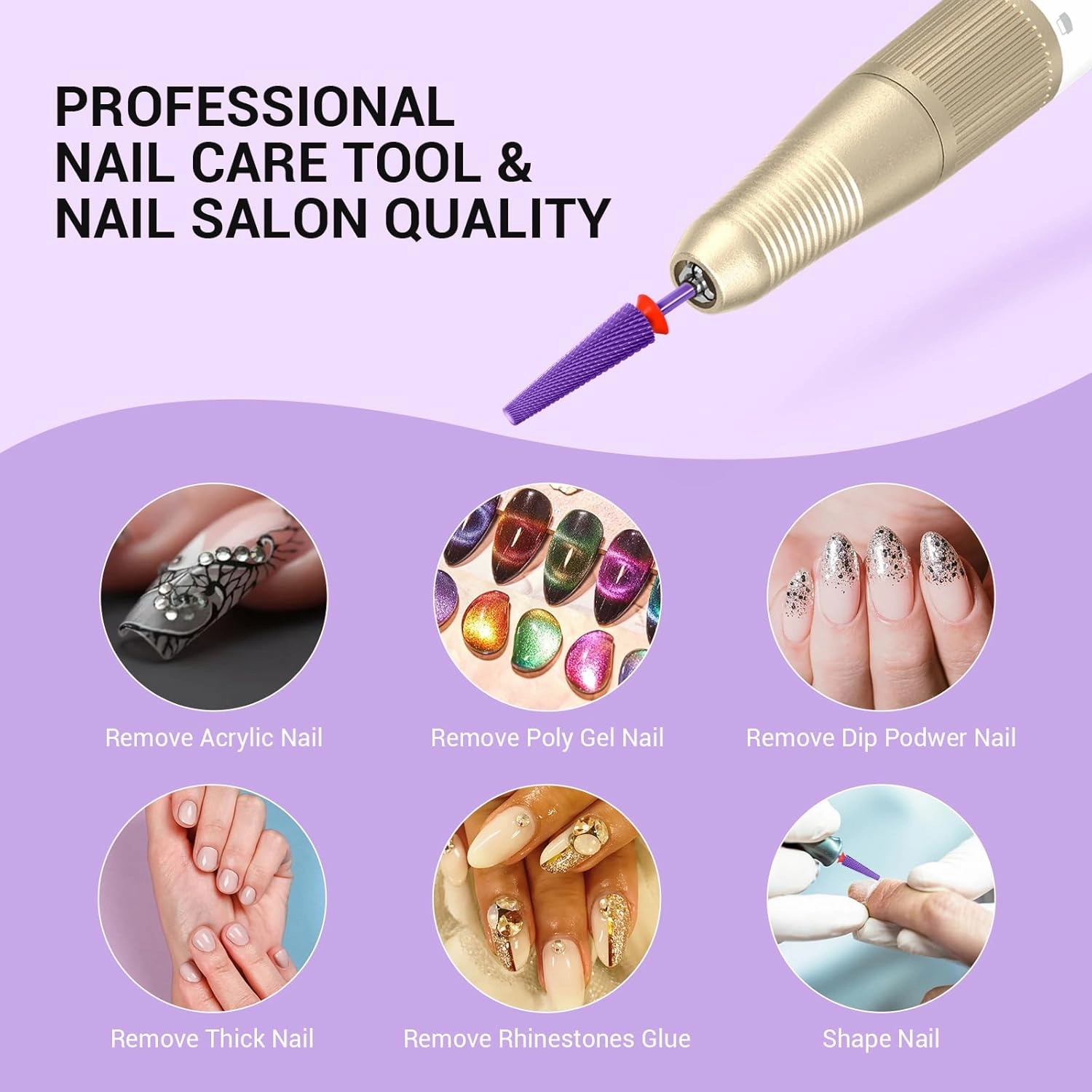 MelodySusie Super Long 5 in 1 Nail Drill Bits, 3/32'' Carbide Tungsten Bits, Suitable for Manicure Pedicure Cuticle Gel Polishing, Professional Advanced Bits, Purple, Series Bit-X, Fine