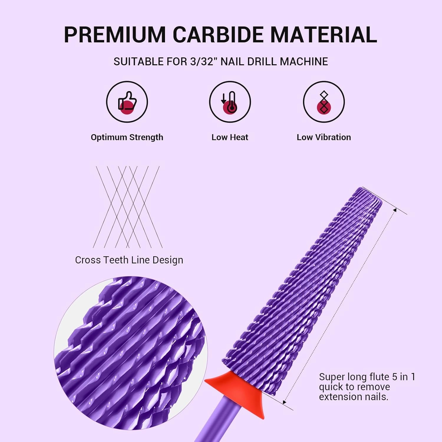 MelodySusie Super Long 5 in 1 Nail Drill Bits, 3/32'' Carbide Tungsten Bits, Suitable for Manicure Pedicure Cuticle Gel Polishing, Professional Advanced Bits, Purple, Series Bit-X, Fine