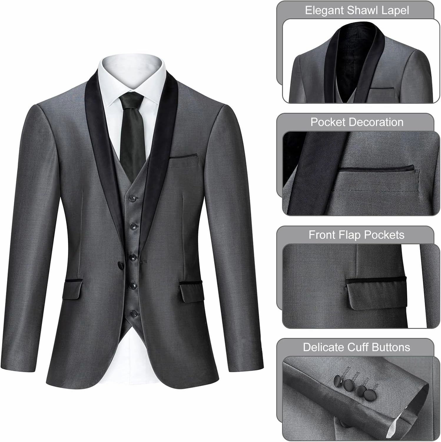 Men's Suit 3 Piece Slim Fit Suit, One Button Fine Glitter Shawl Lapel Blazer Jacket Vest Pants for Party & Wedding