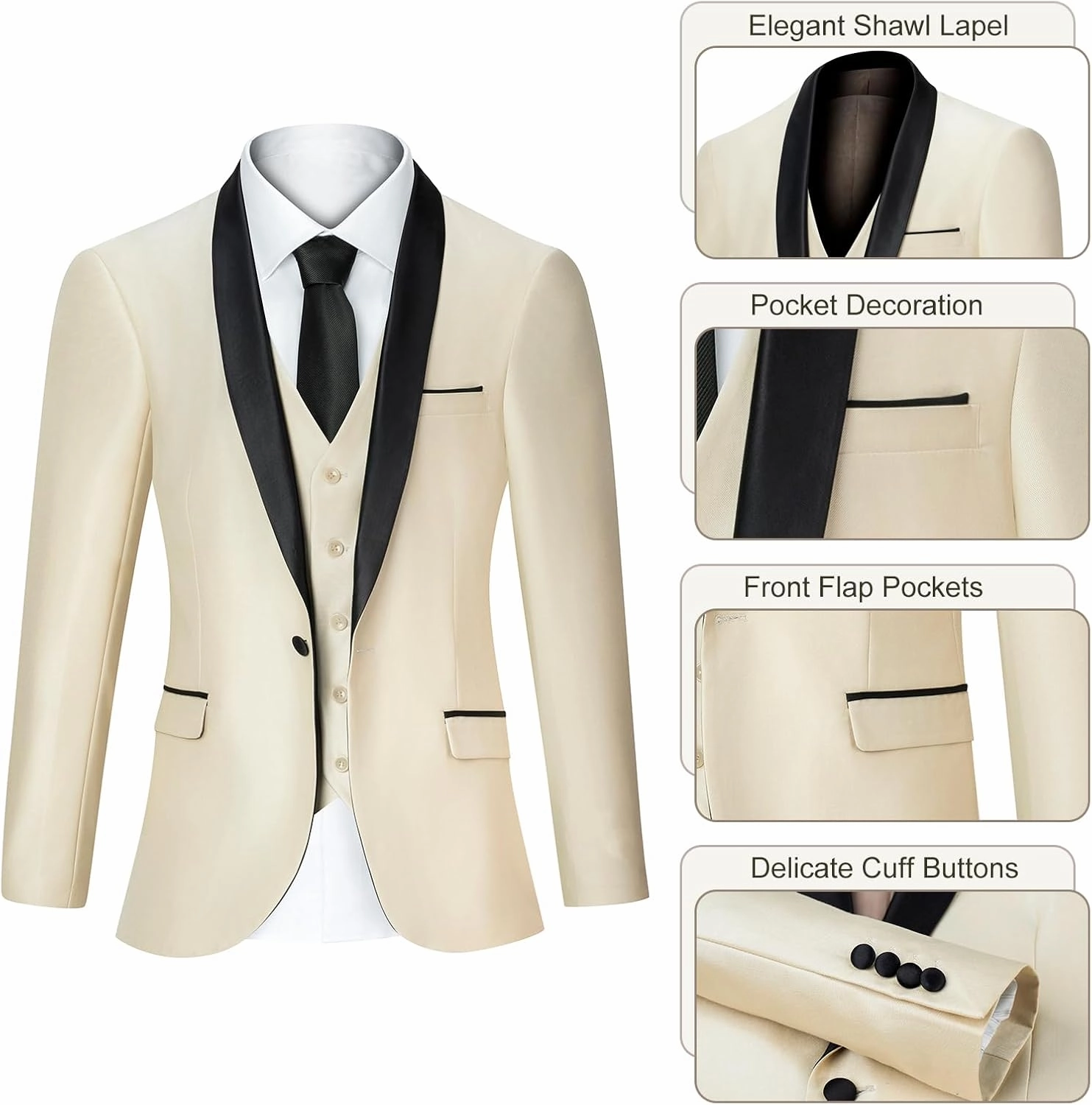 Men's Suit 3 Piece Slim Fit Suit, One Button Fine Glitter Shawl Lapel Blazer Jacket Vest Pants for Party & Wedding
