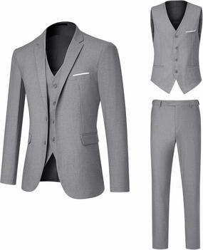 Men's Suit 3 Piece Slim Fit Suit Set, Two Button Solid Jacket Vest Pants with Tie, Men Tuxedo Suit Set
