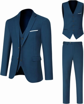 Men's Suit 3 Piece Slim Fit Suit Set, Two Button Solid Jacket Vest Pants with Tie, Men Tuxedo Suit Set