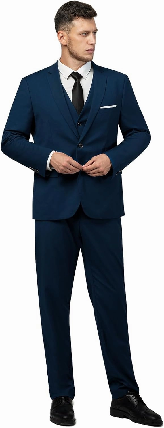 Men's Suit 3 Piece Slim Fit Suit Set, Two Button Solid Jacket Vest Pants with Tie, Men Tuxedo Suit Set