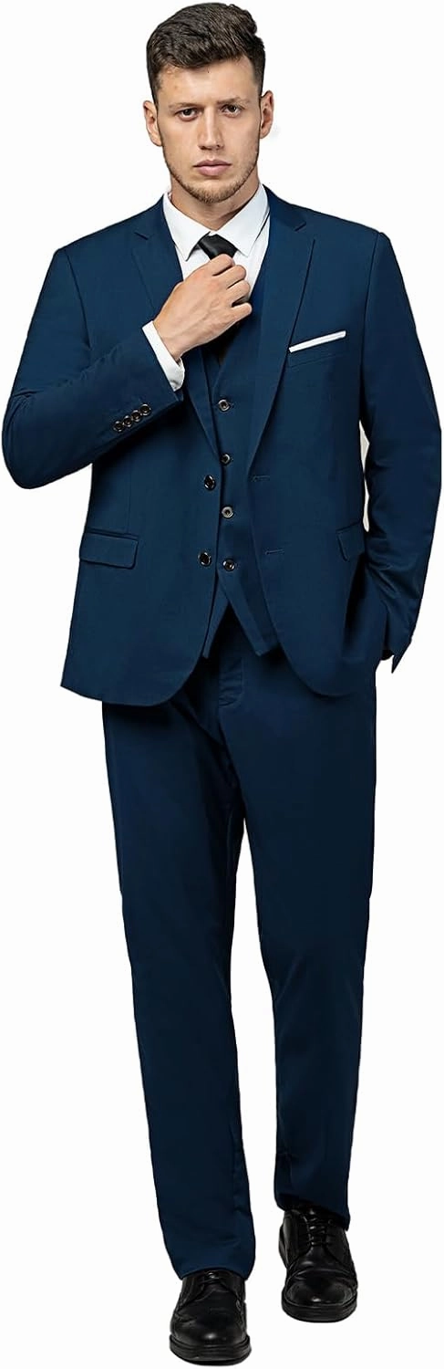 Men's Suit 3 Piece Slim Fit Suit Set, Two Button Solid Jacket Vest Pants with Tie, Men Tuxedo Suit Set