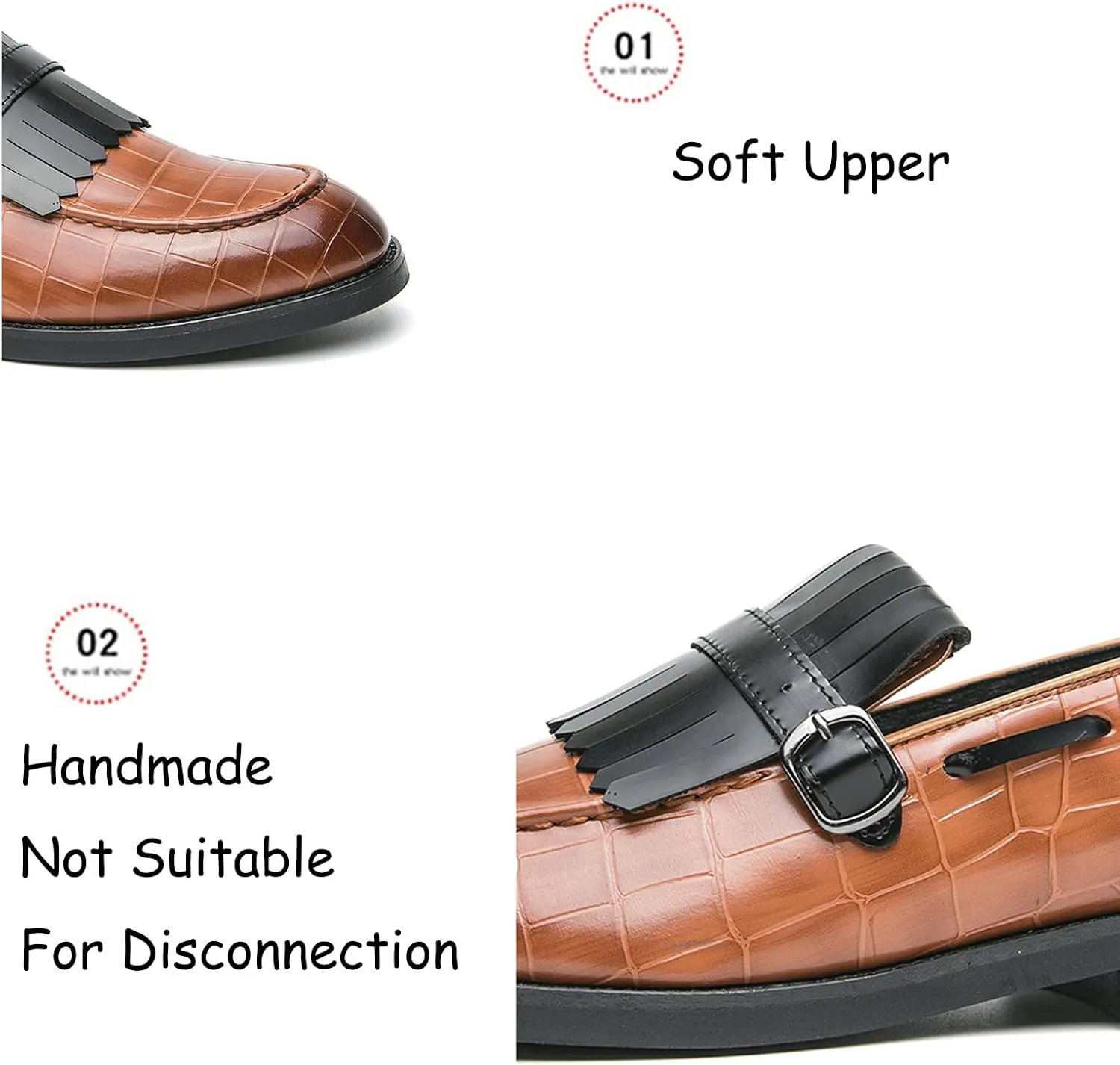 Men's Leather Tassel Monk Strap Dress Loafers Classic Slip-on Pointed Toe Low Chunky Heel Formal Business Wedding Tuxedo Penny Loafers Shoes