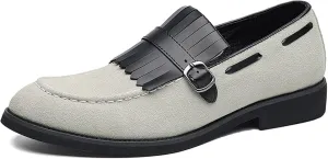 Men's Leather Tassel Monk Strap Dress Loafers Classic Slip-on Pointed Toe Low Chunky Heel Formal Business Wedding Tuxedo Penny Loafers Shoes