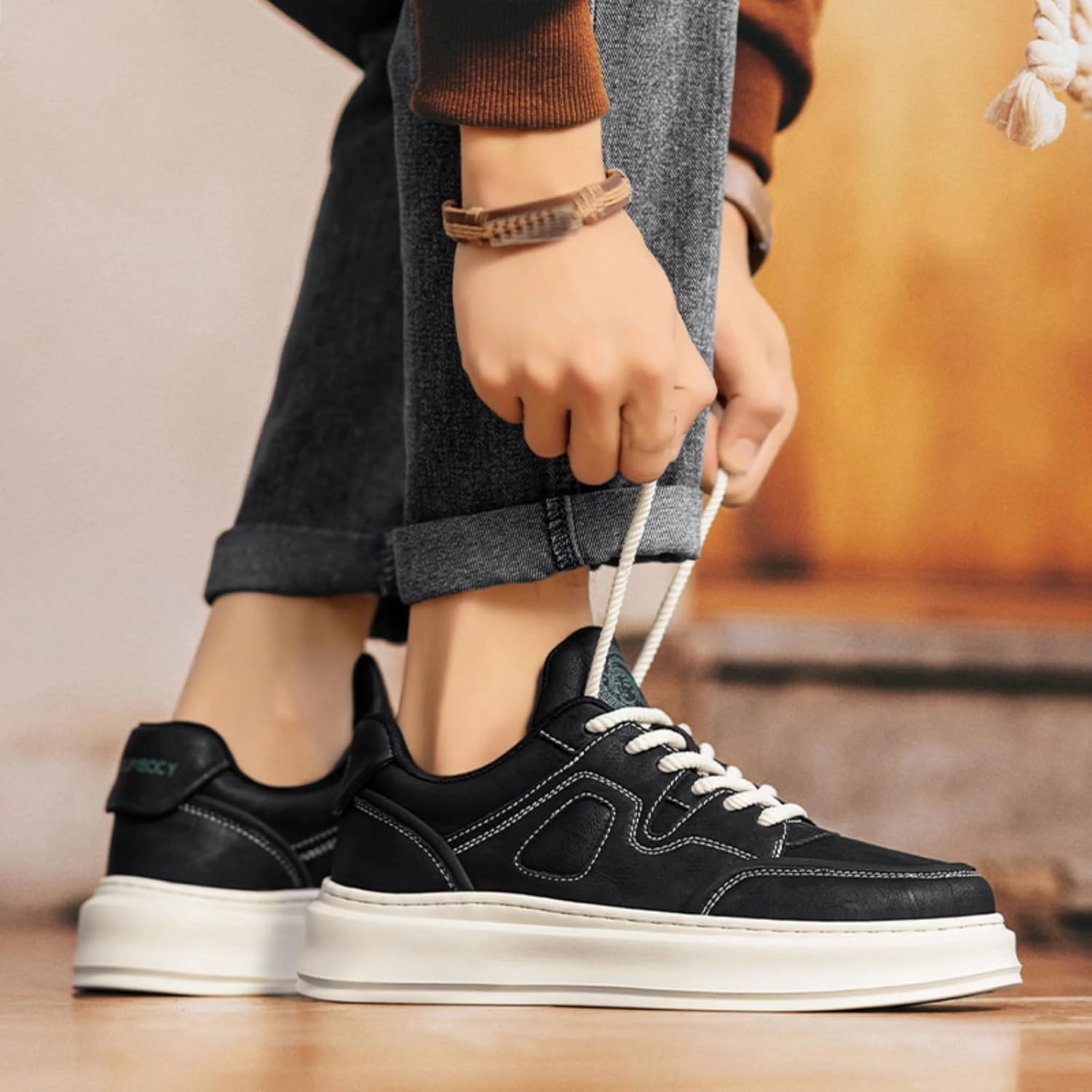 Mens Fashion Lace-Up Platform Sneakers Round Toe Low-Top Non Slip Casual Chunky Shoes for Gym Sports Tennis Jogging Running Walking