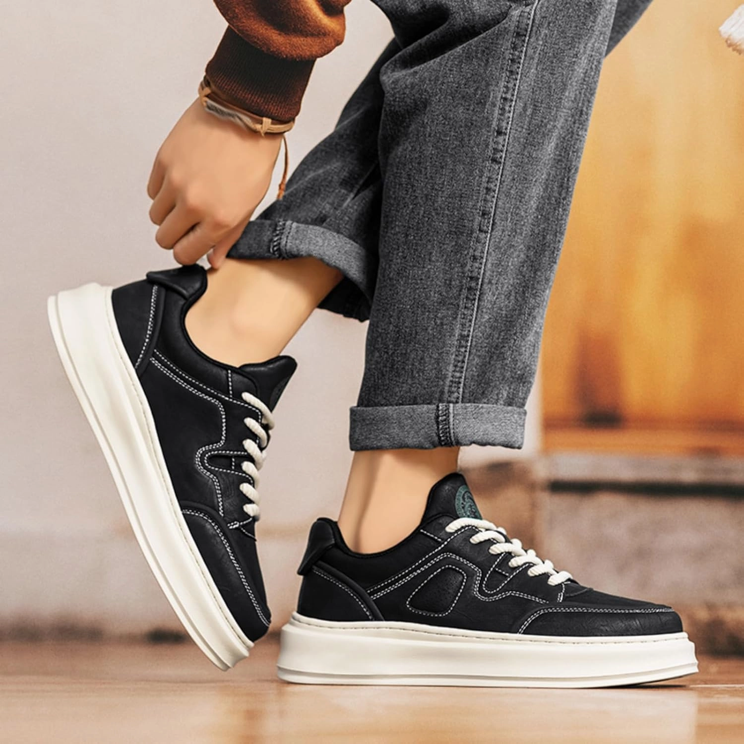 Mens Fashion Lace-Up Platform Sneakers Round Toe Low-Top Non Slip Casual Chunky Shoes for Gym Sports Tennis Jogging Running Walking
