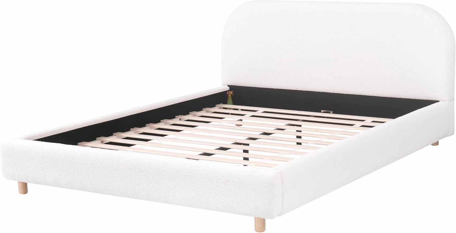 Merax Queen Size Teddy Fleece Thick Fabric Upholstered Platform Bed with Curved Shaped Headboard, Wood Bed Frame with Solid Round Legs for Kids Teens Adults, White