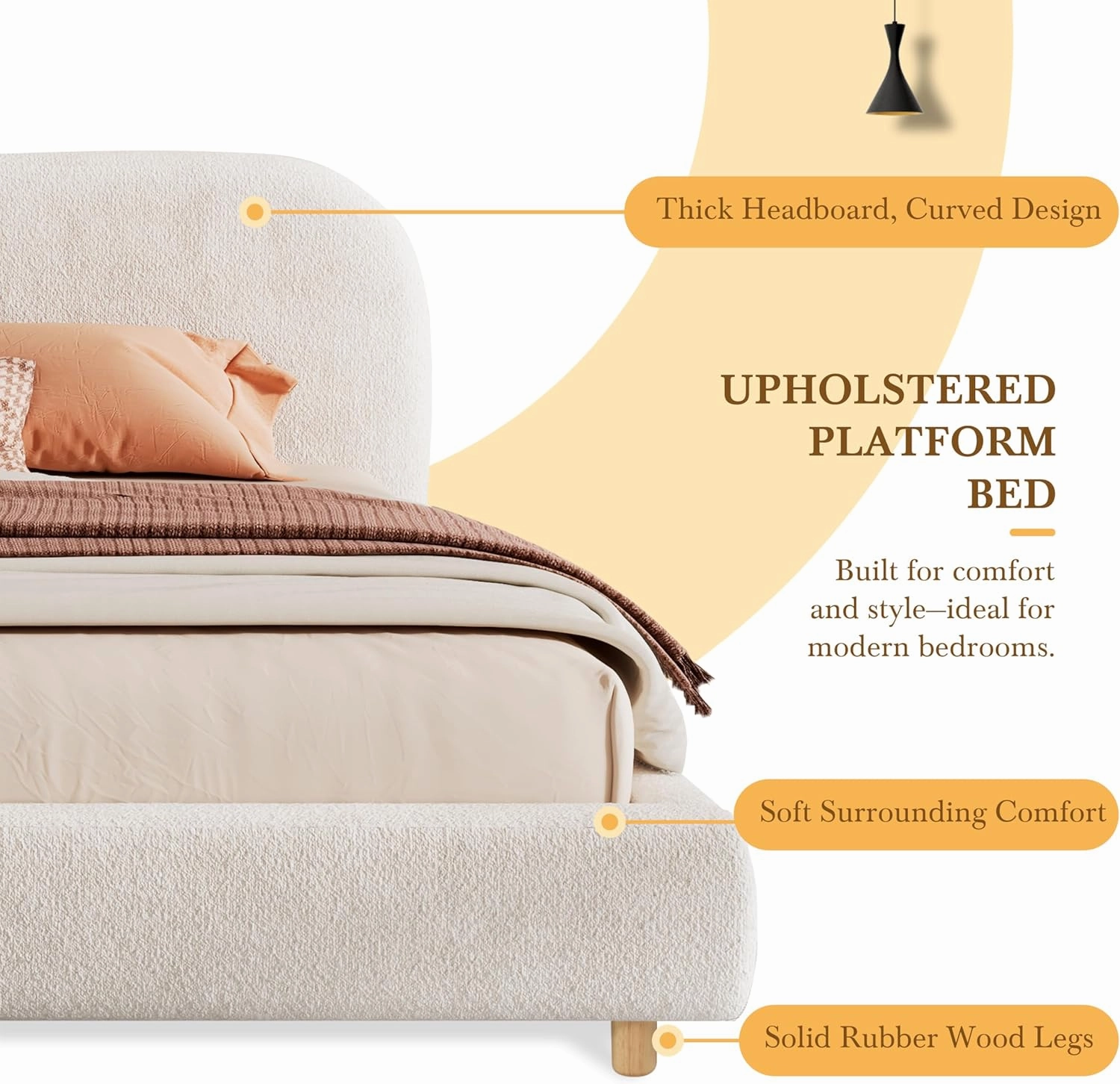 Merax Queen Size Teddy Fleece Thick Fabric Upholstered Platform Bed with Curved Shaped Headboard, Wood Bed Frame with Solid Round Legs for Kids Teens Adults, White