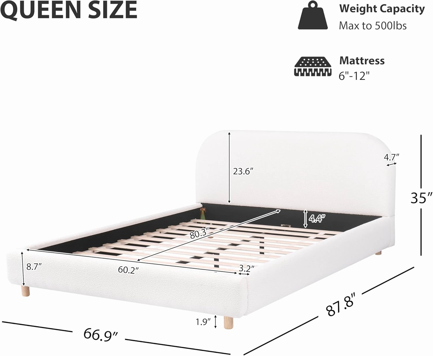 Merax Queen Size Teddy Fleece Thick Fabric Upholstered Platform Bed with Curved Shaped Headboard, Wood Bed Frame with Solid Round Legs for Kids Teens Adults, White