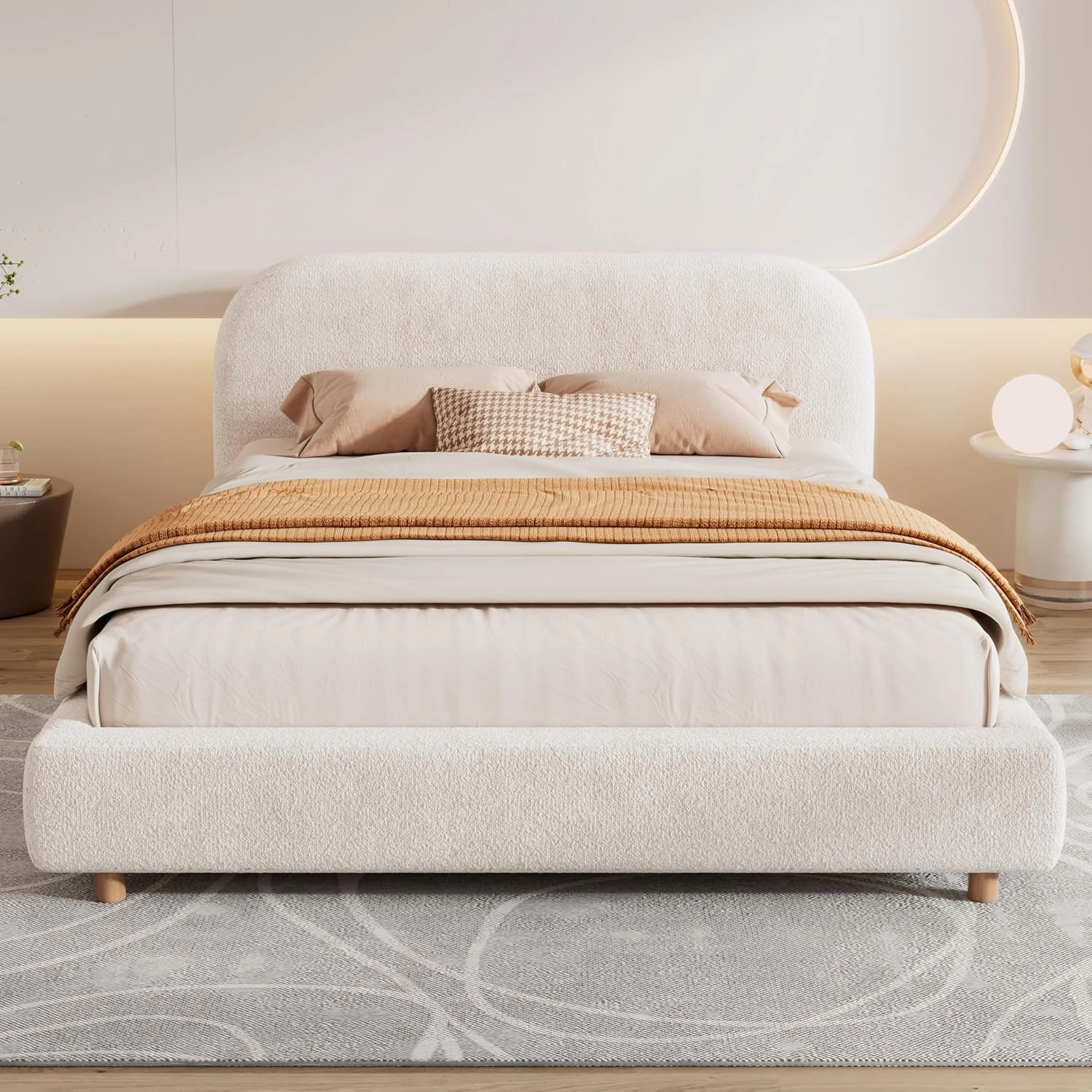 Merax Queen Size Teddy Fleece Thick Fabric Upholstered Platform Bed with Curved Shaped Headboard, Wood Bed Frame with Solid Round Legs for Kids Teens Adults, White
