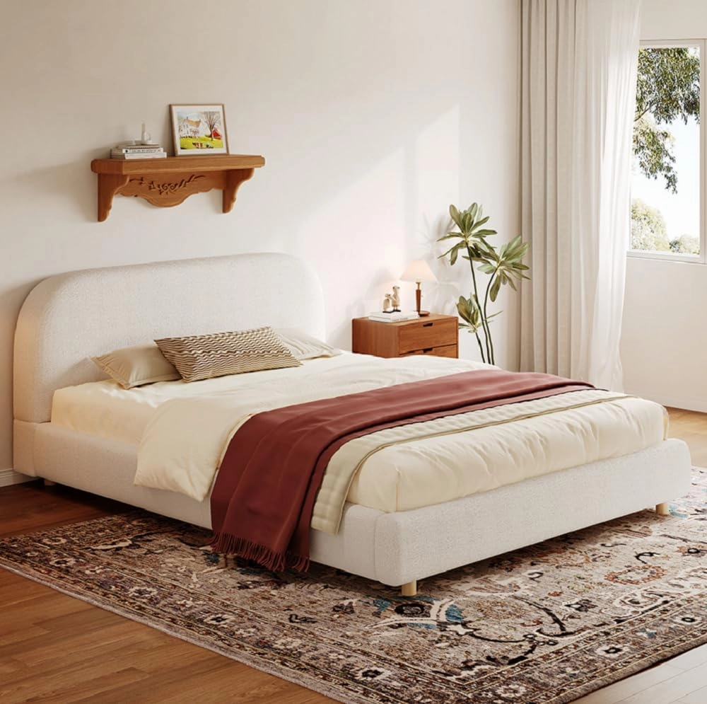 Merax Queen Size Teddy Fleece Thick Fabric Upholstered Platform Bed with Curved Shaped Headboard, Wood Bed Frame with Solid Round Legs for Kids Teens Adults, White