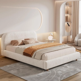 Merax Queen Size Teddy Fleece Thick Fabric Upholstered Platform Bed with Curved Shaped Headboard, Wood Bed Frame with Solid Round Legs for Kids Teens Adults, White