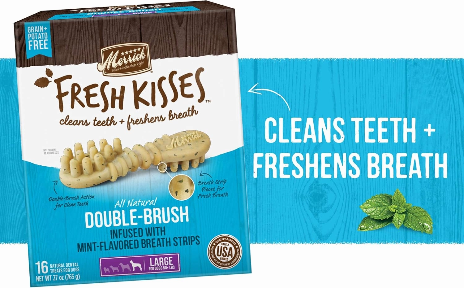 Merrick Fresh Kisses Natural Dental Chews, Toothbrush Shape Treat Infused With Real Mint, For Large Dogs - 16 ct. Box