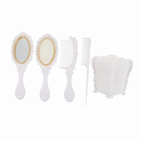 MERRYHAPY 5pcs Vintage Hair Brush and Comb Set with Decorative Holder Includes Comb and Mirror for All Hair Types for Desktop Display and Makeup Organization