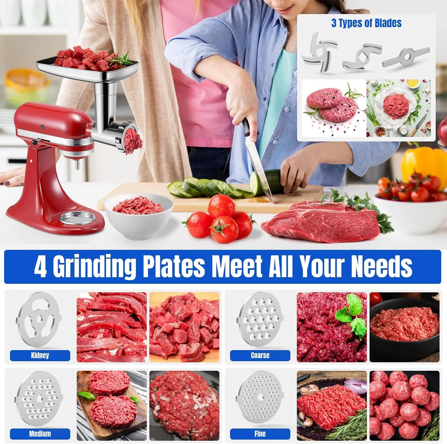Metal Food Grinder Attachments for KitchenAid Stand Mixers, Meat Grinder, Sausage Stuffer, Perfect Mixer Attachment for KitchenAid Mixers, 15pcs Meat Grinder Accessories Set, Silver