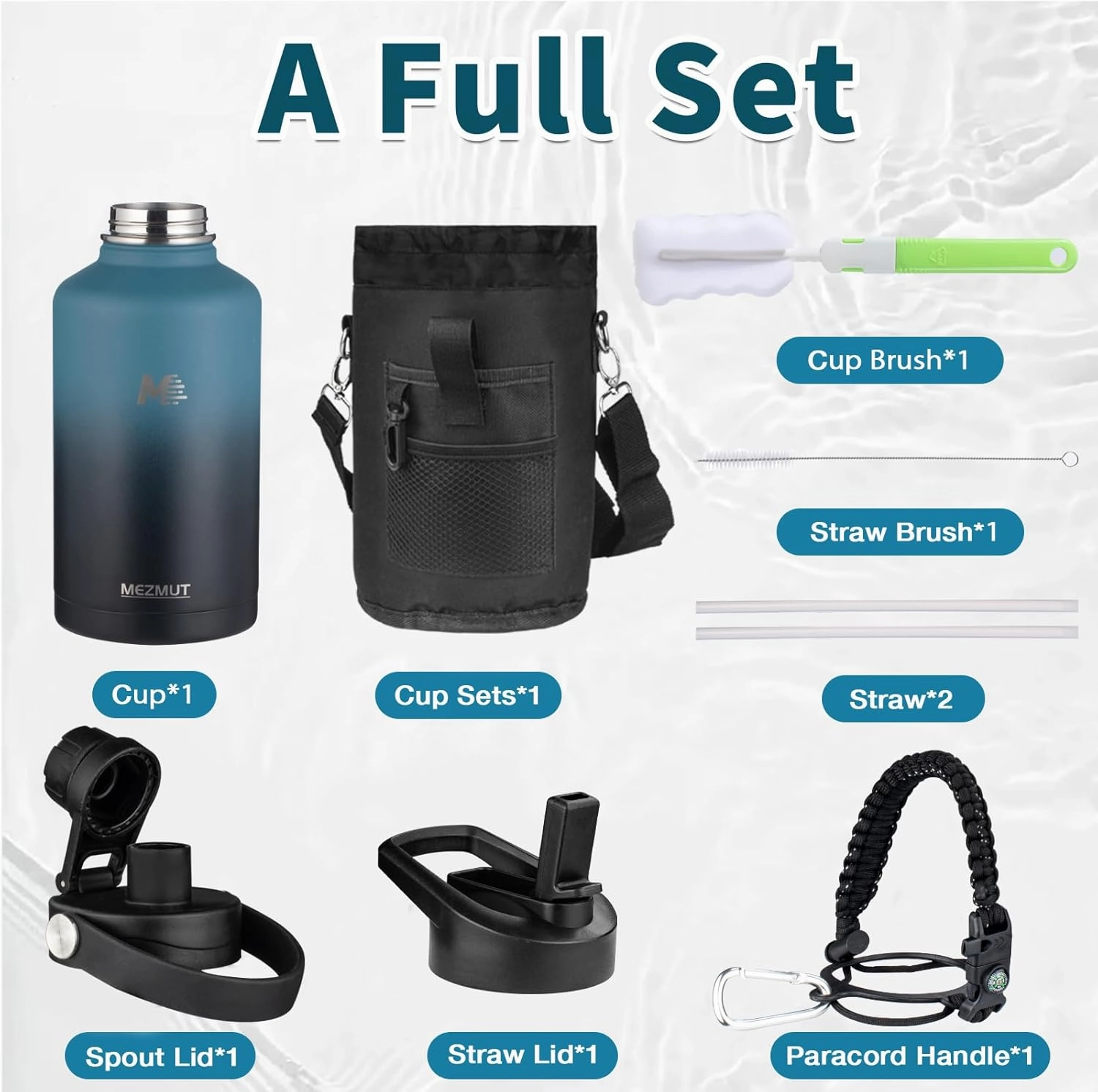 MEZMUT Half Gallon Insulated Water Bottle with Straw&Spout Lid,Stainless Steel Thermo Water Bottle with Paracord Handle,Carrying Bag,64oz Double-wall Vacuum Sports Water Jug for Outdoor Camping Hiking