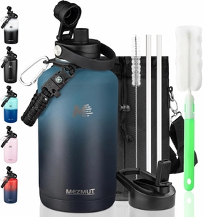 MEZMUT Half Gallon Insulated Water Bottle with Straw&Spout Lid,Stainless Steel Thermo Water Bottle with Paracord Handle,Carrying Bag,64oz Double-wall Vacuum Sports Water Jug for Outdoor Camping Hiking