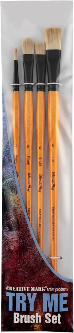 Mimik Hog Professional Synthetic Hog Bristle Paint Brush - Try-Me Set of 4 - Versatile Alternative to Natural Hog Hair Paint Brushes for Oil Painting, Acrylics, Inks, Dyes, Gouache, Watercolors & More
