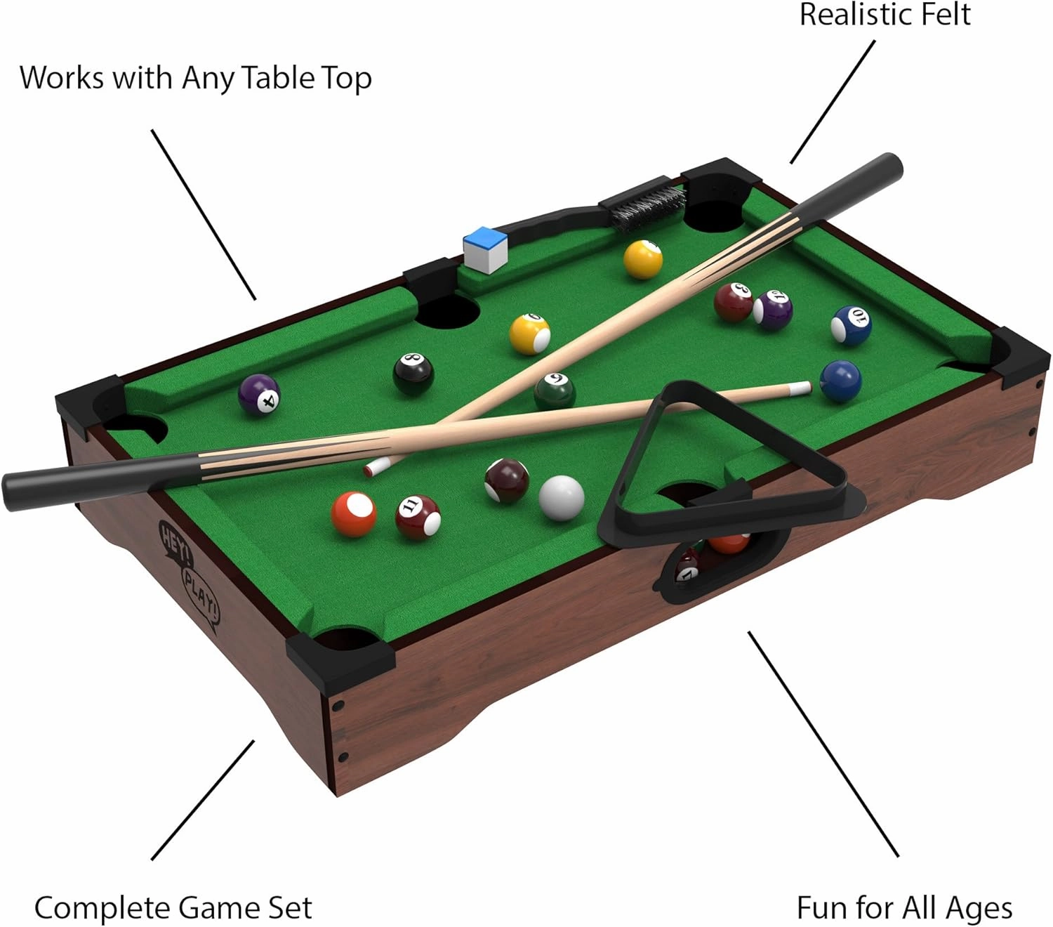 Mini Pool Table - 20-Inch Portable Tabletop Billiards Game with Cue Balls, Sticks, Chalk, Brush, and Triangle Rack - Table Games by Hey Play