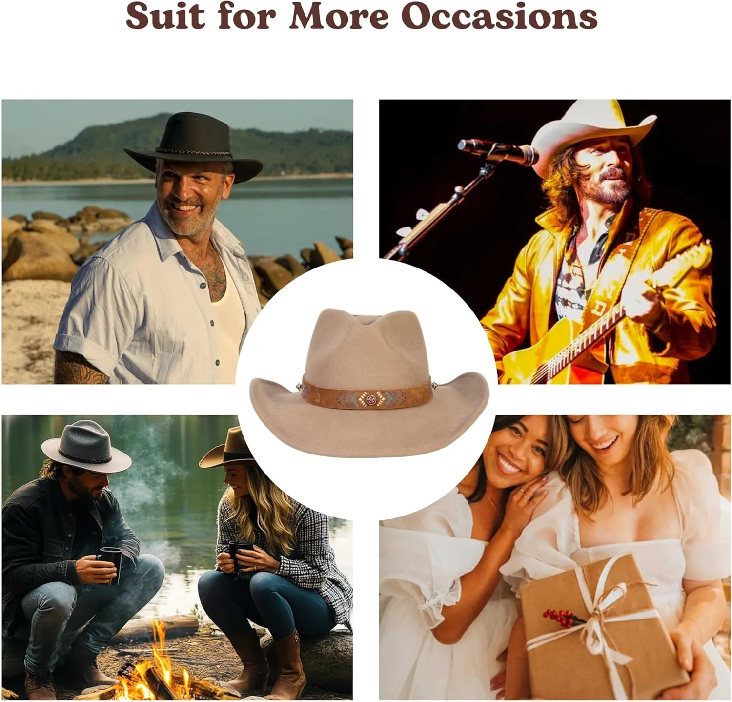 MIX BROWN Western Cowboy Hat for Men & Women 100% Wool Wide Brim Cowgirl Hats Outback Panama Rancher Felt Hat