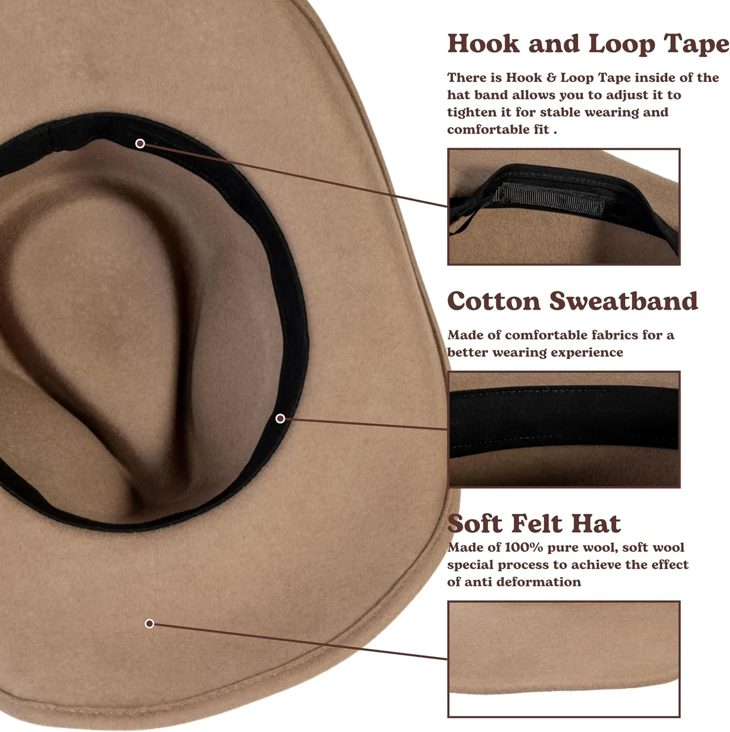 MIX BROWN Western Cowboy Hat for Men & Women 100% Wool Wide Brim Cowgirl Hats Outback Panama Rancher Felt Hat