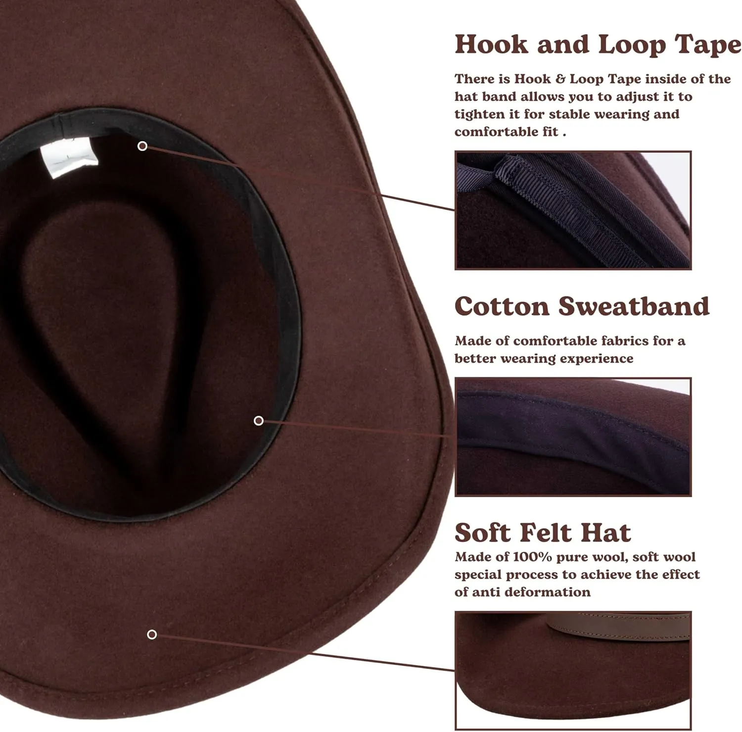 MIX BROWN Western Cowboy Hat for Men & Women 100% Wool Wide Brim Cowgirl Hats Outback Panama Rancher Felt Hat